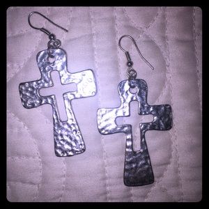 Hammered Silver Cross Earrings